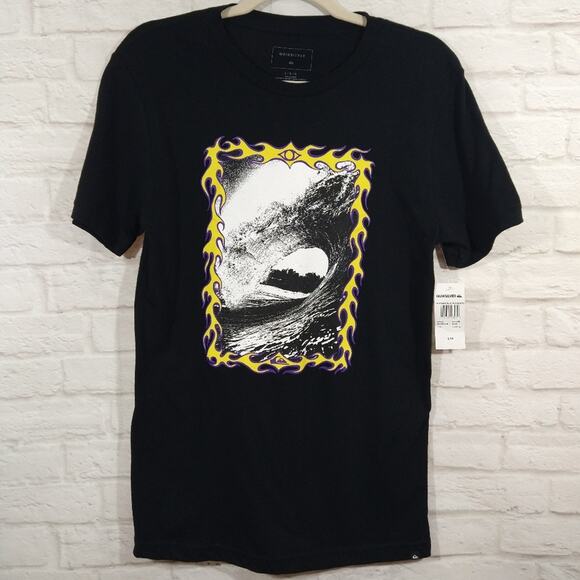 L QUIKSILVER Boy Black Wave Yellow Fire Flame Graphic Tee Shirt T-shirt NWT L 14 - Picture 2 of 6
